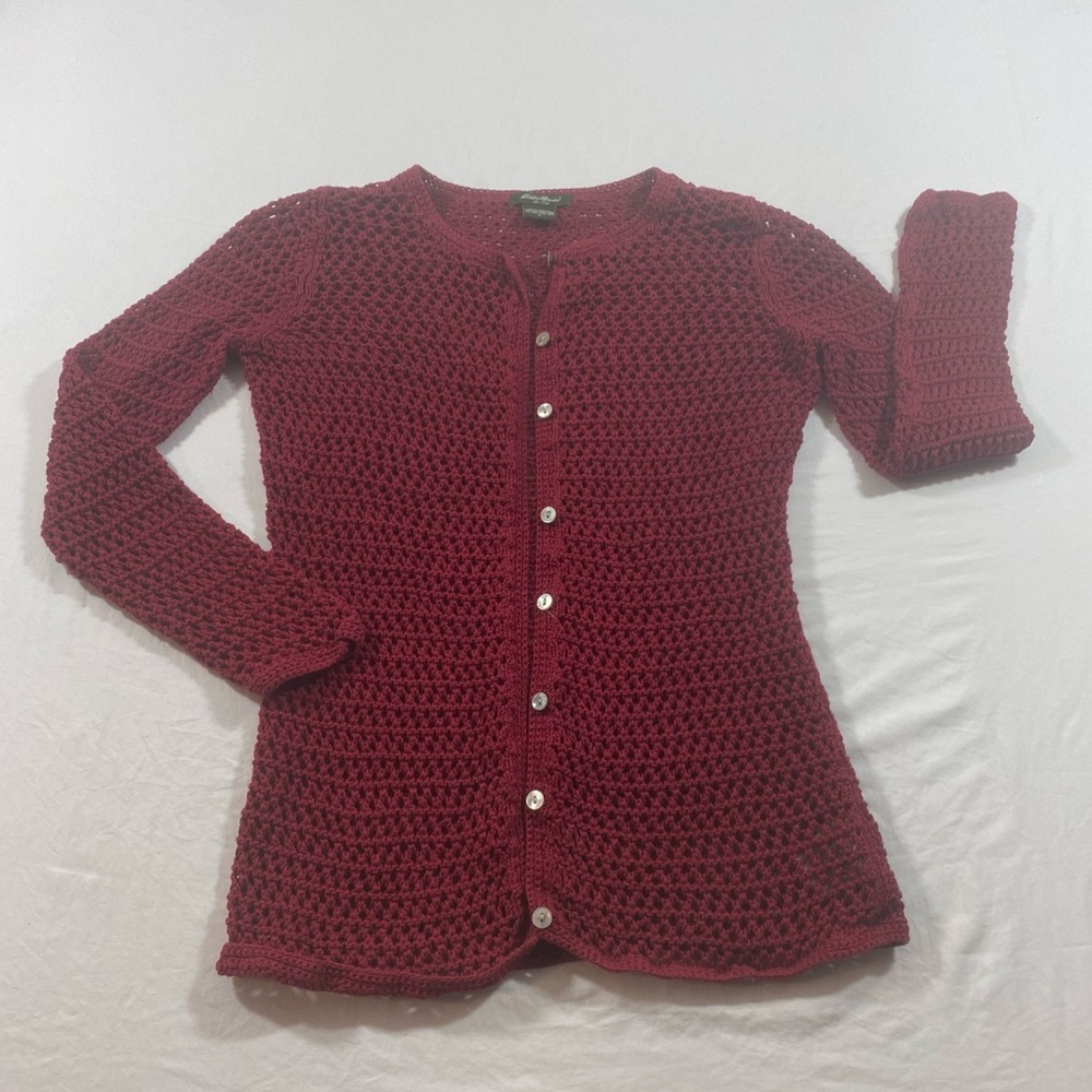 Eddie Bauer Button Down Cardigan women Small  mesh long sleeve burgundy red top